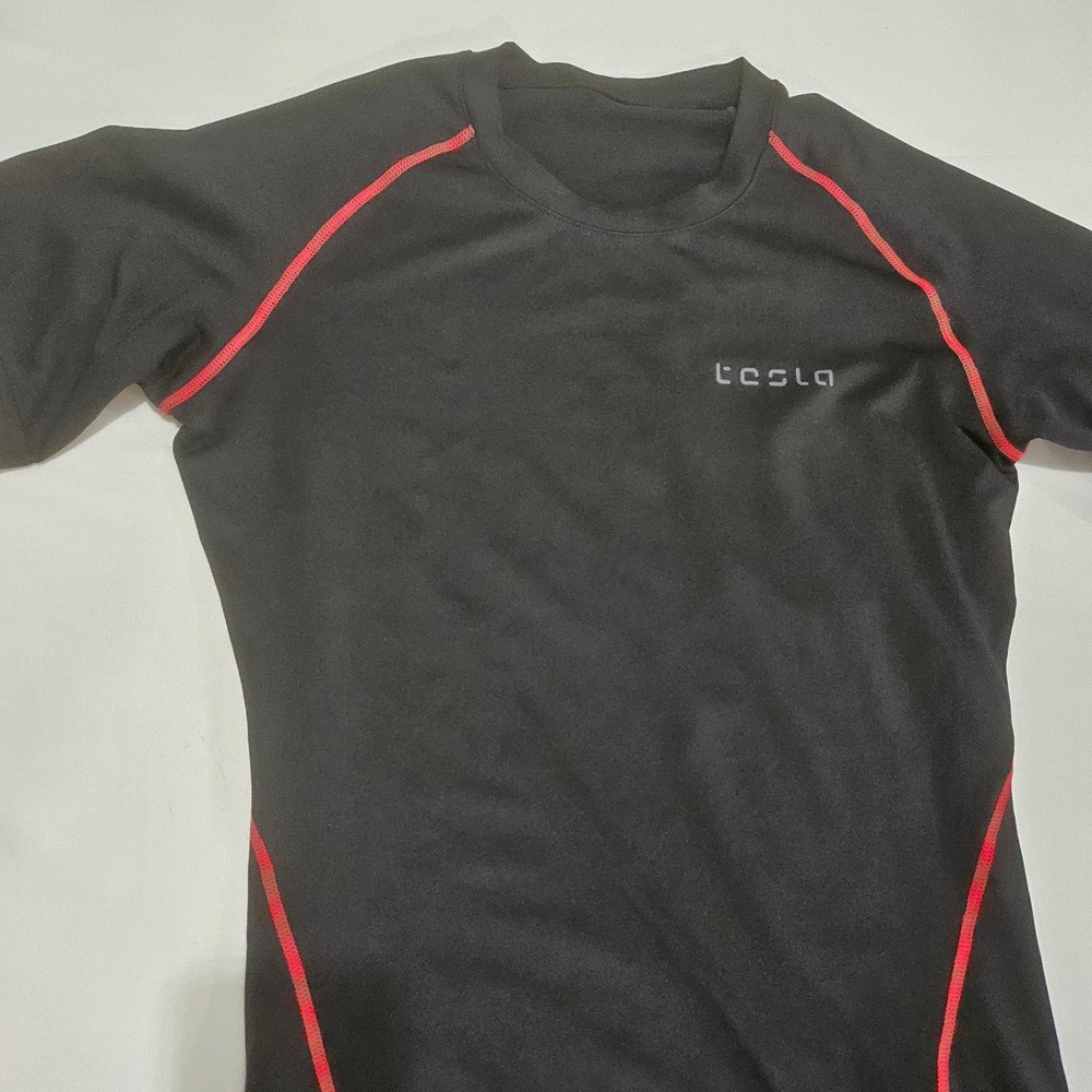 Tesla Gears Mens Compression Shirt Black‎ Red Stitching Short Sleeve Medium M